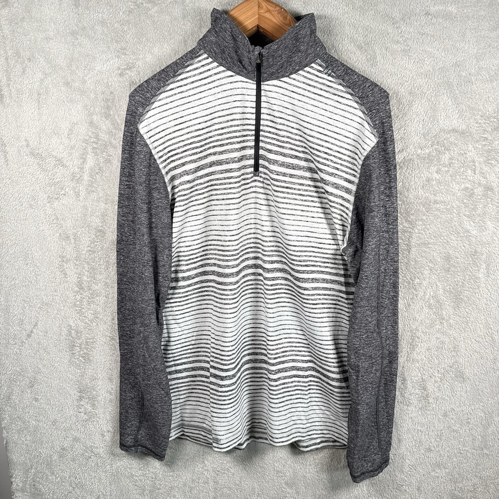 Lululemon Surge Warm 1/4 Zip Pullover Men XL Gray White Striped Performance Gym